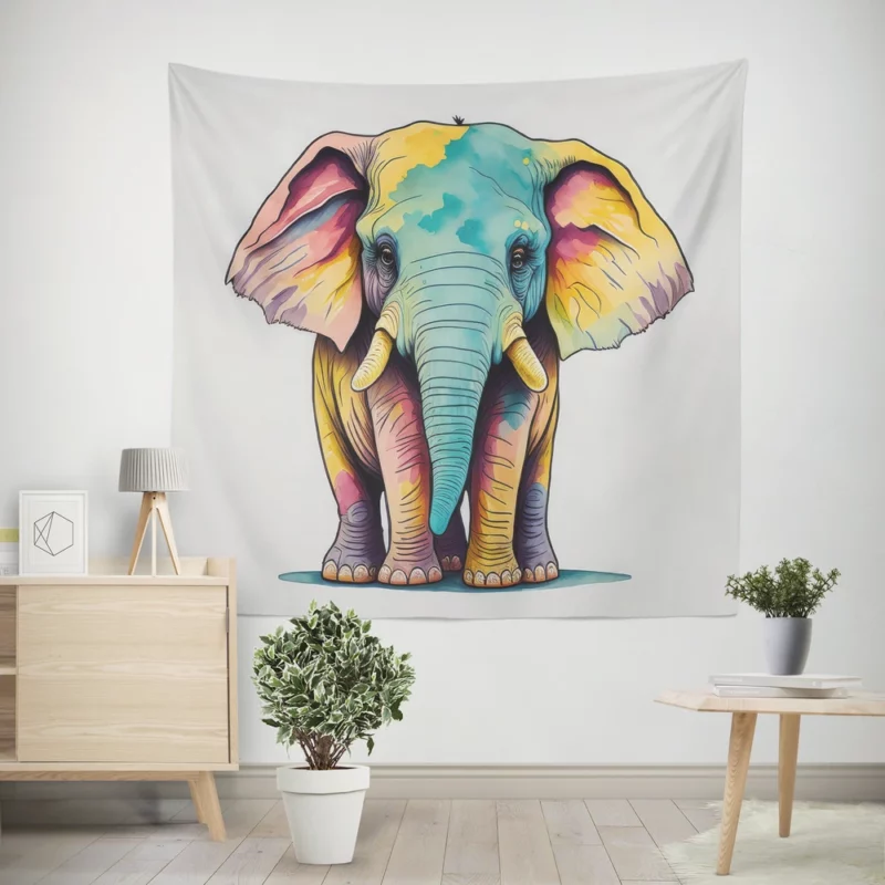 Cheerful Elephant Drawing Wall Tapestry