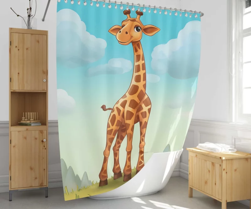 Cheerful Giraffe Under Blue Sky Shower Curtain 1