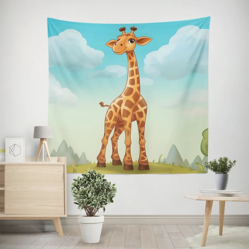 Cheerful Giraffe Under Blue Sky Wall Tapestry