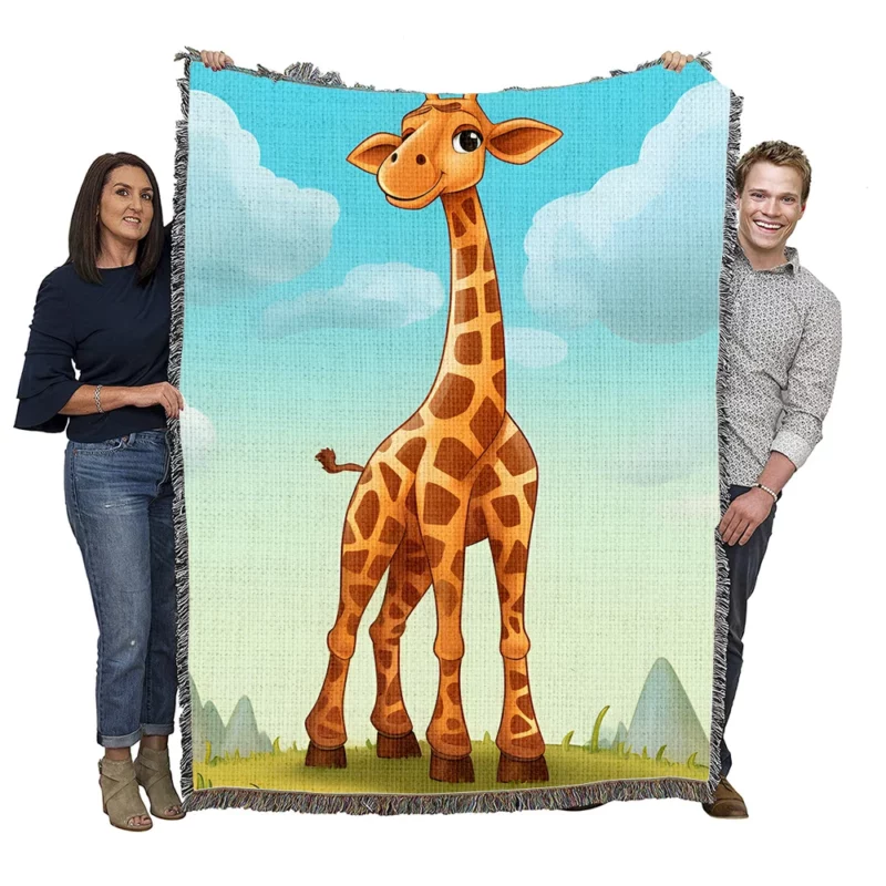 Cheerful Giraffe Under Blue Sky Woven Blanket