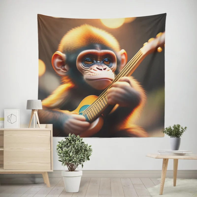 Chimpanzee Playing Guitar Wall Tapestry