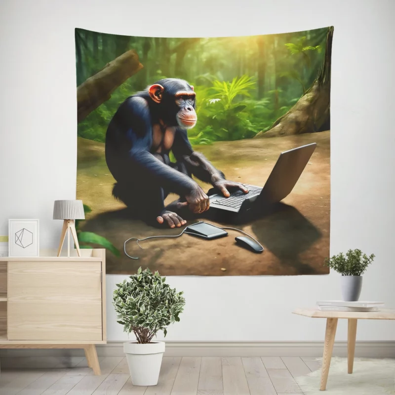 Chimpanzee With Computer Wall Tapestry