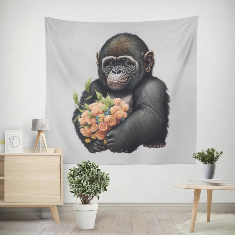 Chimpanzee With Flowers Wall Tapestry