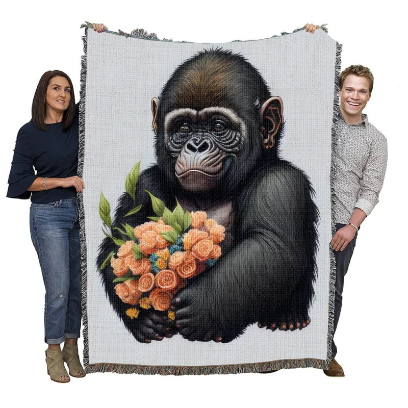 Chimpanzee With Flowers Woven Blanket