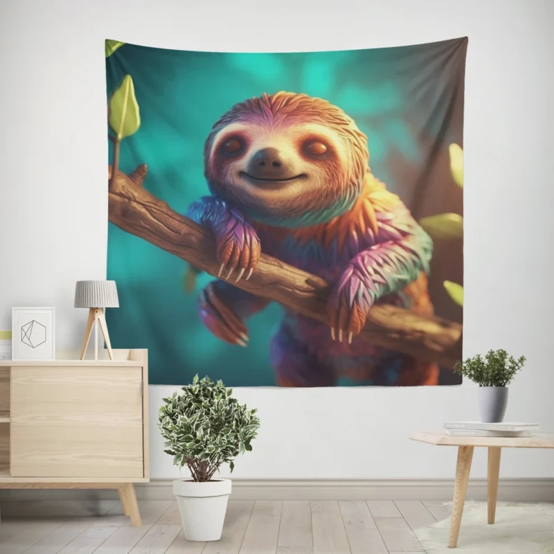 Close-up Sloth on Leafy Tree Branch Wall Tapestry