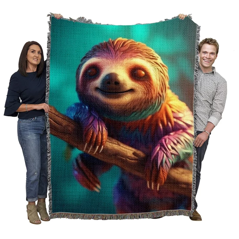 Close-up Sloth on Leafy Tree Branch Woven Blanket