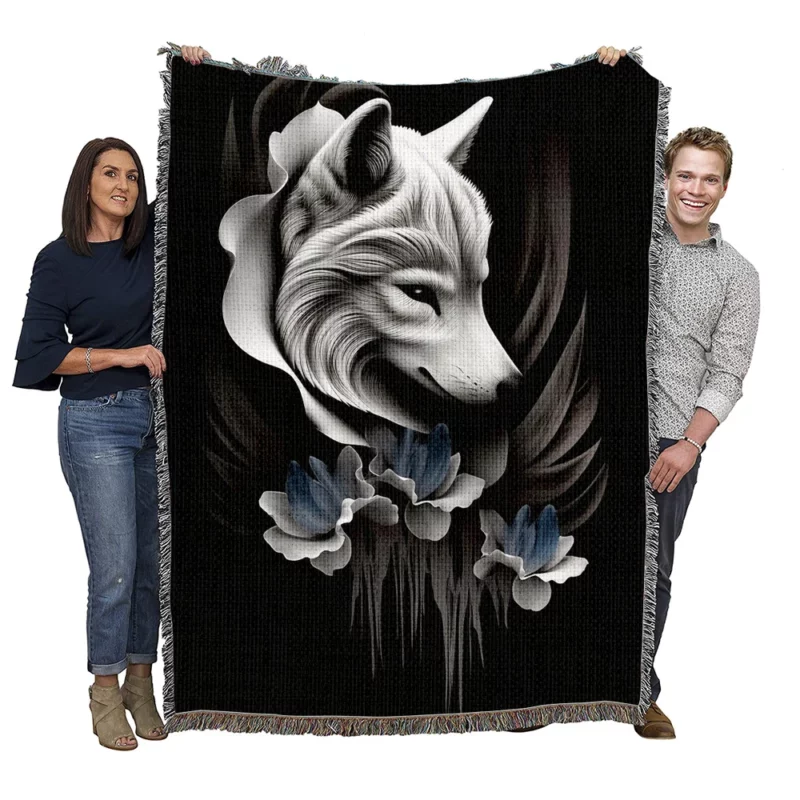 Close-up Wolf Skull with Impressive Horns Woven Blanket