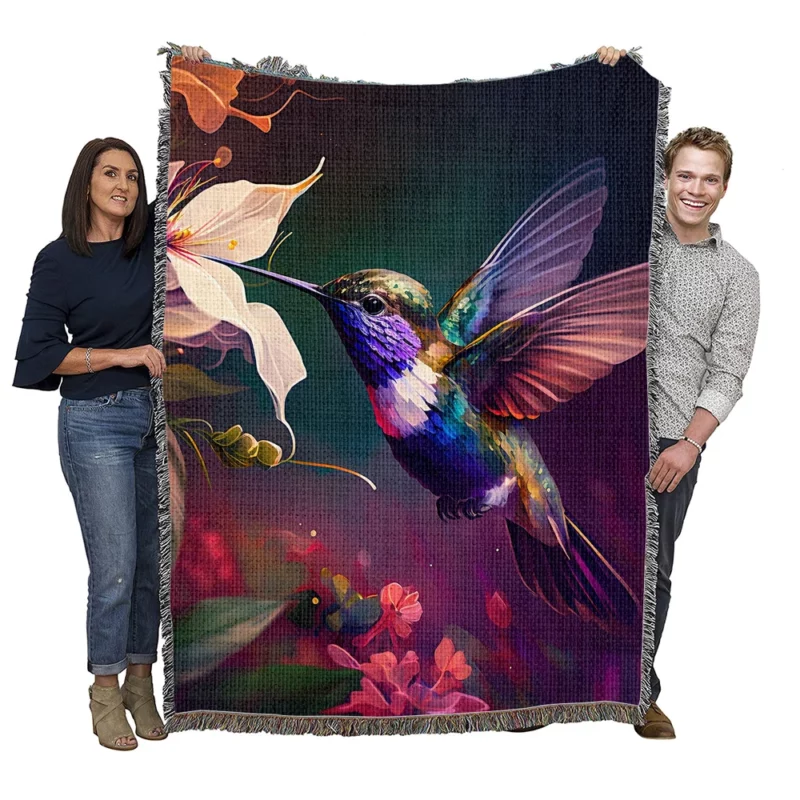 Colorful Hummingbird AI Art Woven Blanket