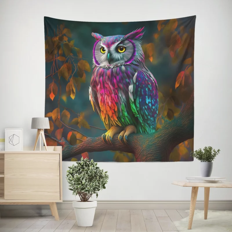 Colorful Owl on a Branch Wall Tapestry