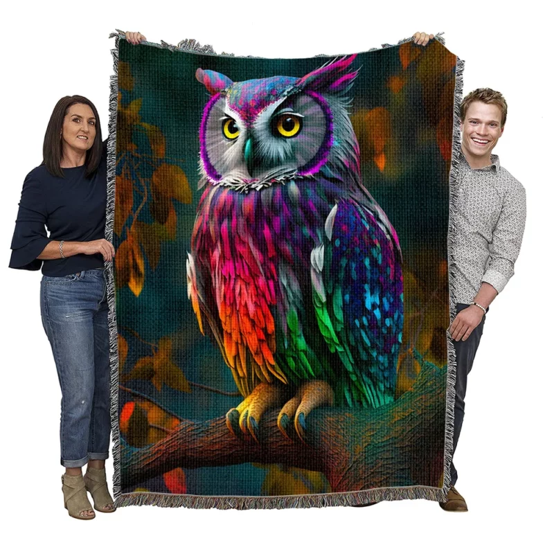 Colorful Owl on a Branch Woven Blanket