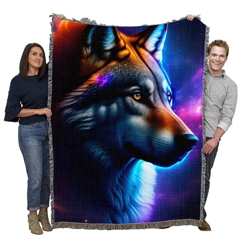 Colorful Wolf on a Blue-Purple Background Woven Blanket