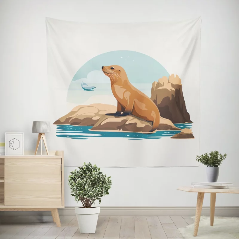 Cute 2D Seal Illustration Wall Tapestry