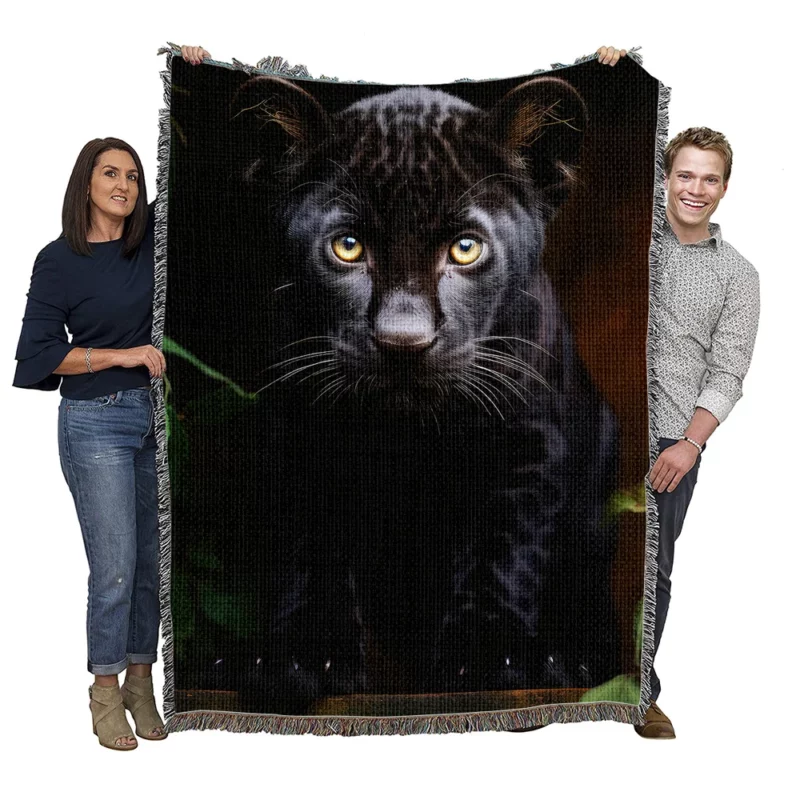 Cute Black Panther Cub Closeup Woven Blanket