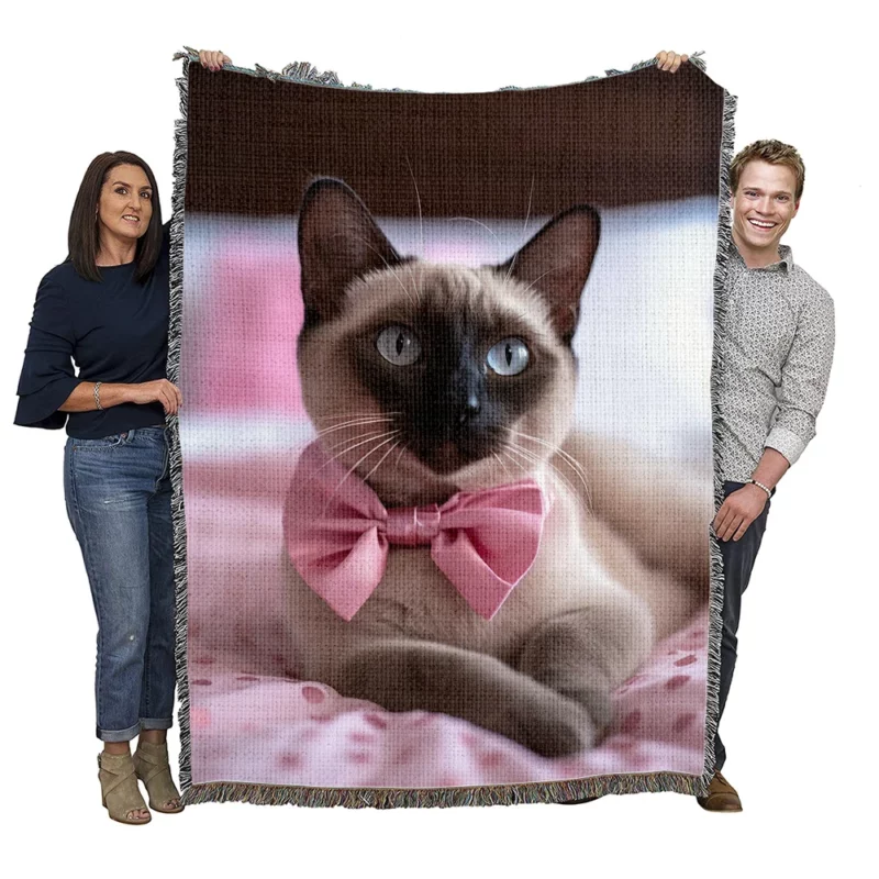 Cute Bow-Wearing Siamese Kitten Woven Blanket