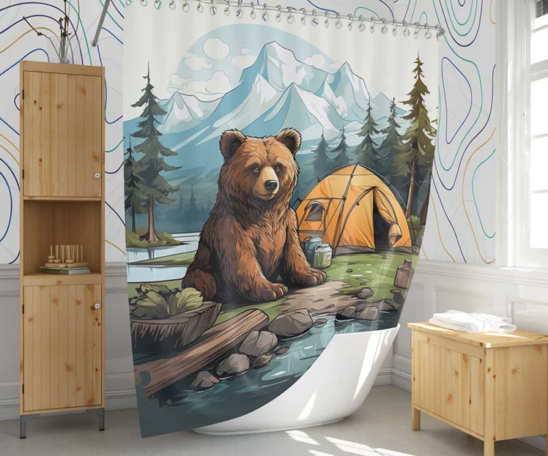 Cute Camping Bear Illustration Shower Curtain 1