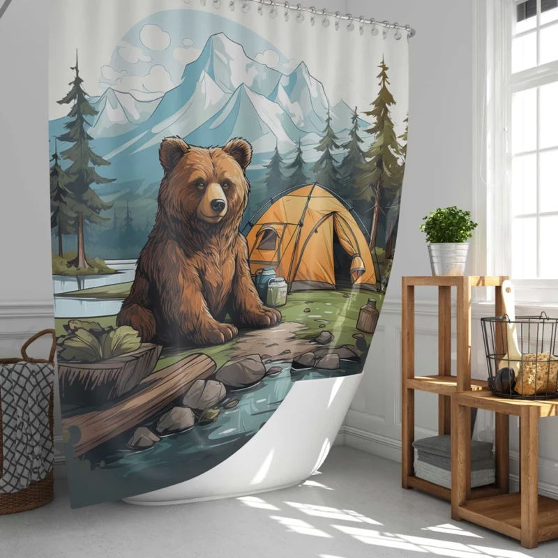 Cute Camping Bear Illustration Shower Curtain