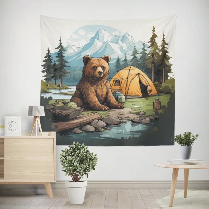 Cute Camping Bear Illustration Wall Tapestry