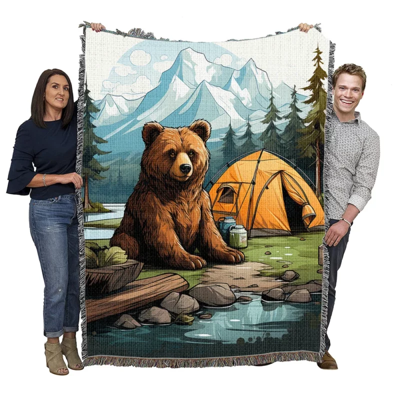 Cute Camping Bear Illustration Woven Blanket