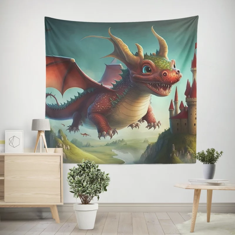 Cute Dragon and Castle Wall Tapestry