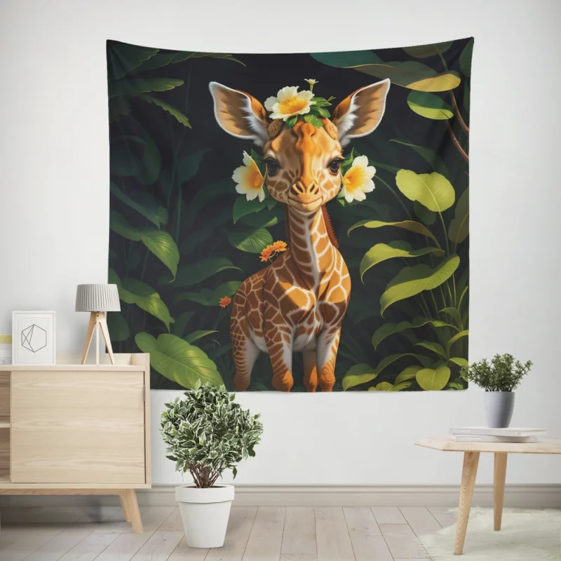 Cute Giraffe in the Forest Wall Tapestry