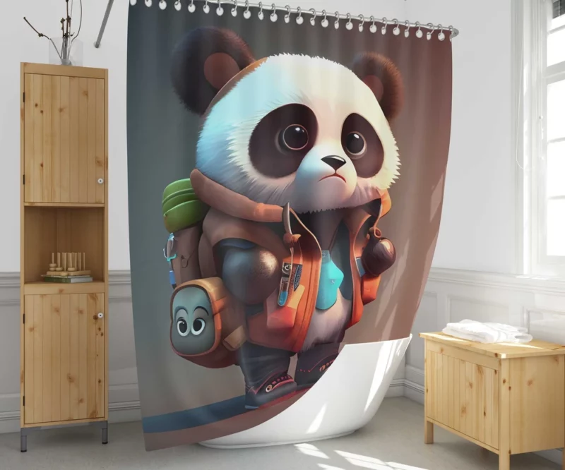 Cute Panda With Backpack Shower Curtain 1