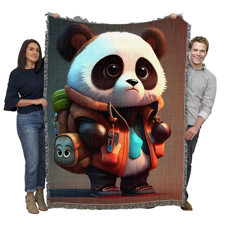 Cute Panda With Backpack Woven Blanket
