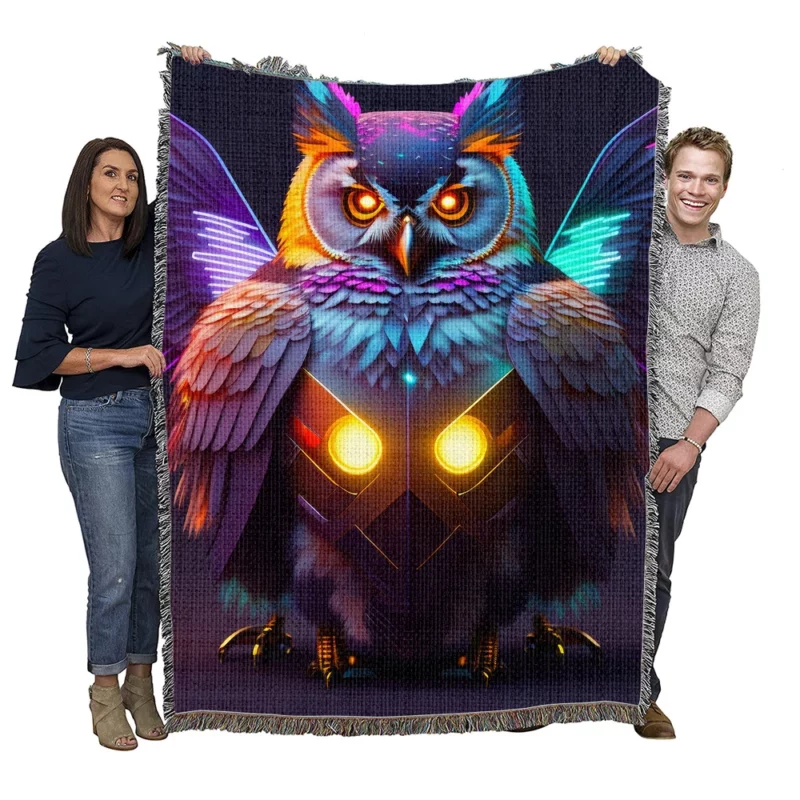 Cyborg Steampunk Owl Art Woven Blanket