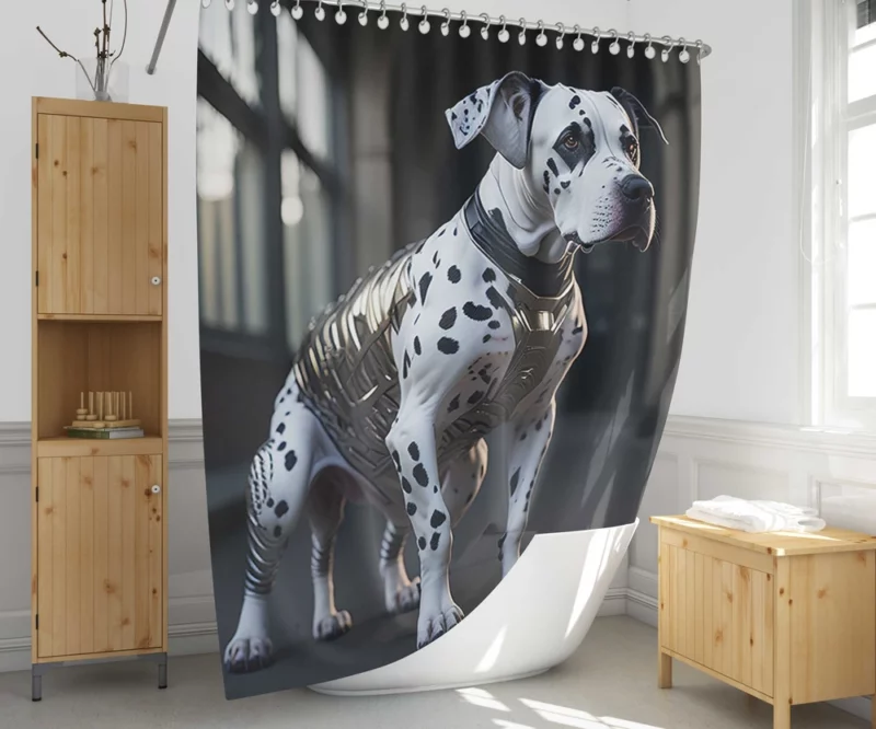 Dalmatian Wearing a Labelled Shirt Shower Curtain 1