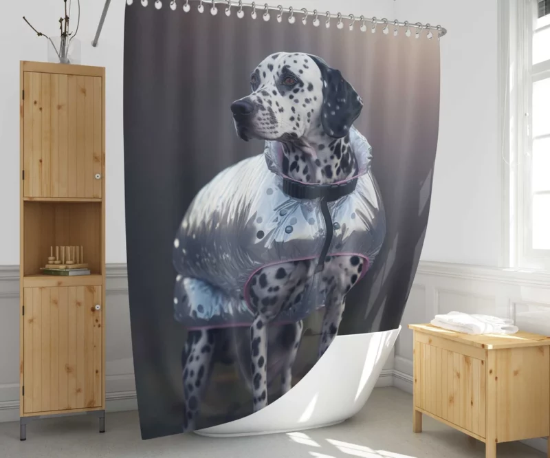 Dalmatian in Raincoat in Leaves Shower Curtain 1