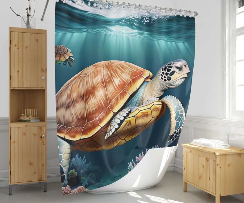 Deep Blue Sea Illustration of Turtles Shower Curtain 1