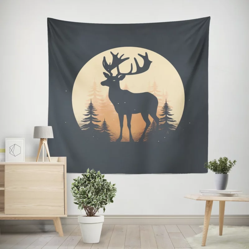 Deer in the Dark Woods at Night Wall Tapestry