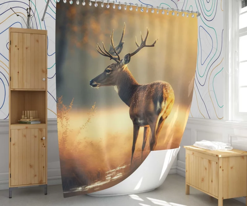 Deer in the Grasses by Water Shower Curtain 1