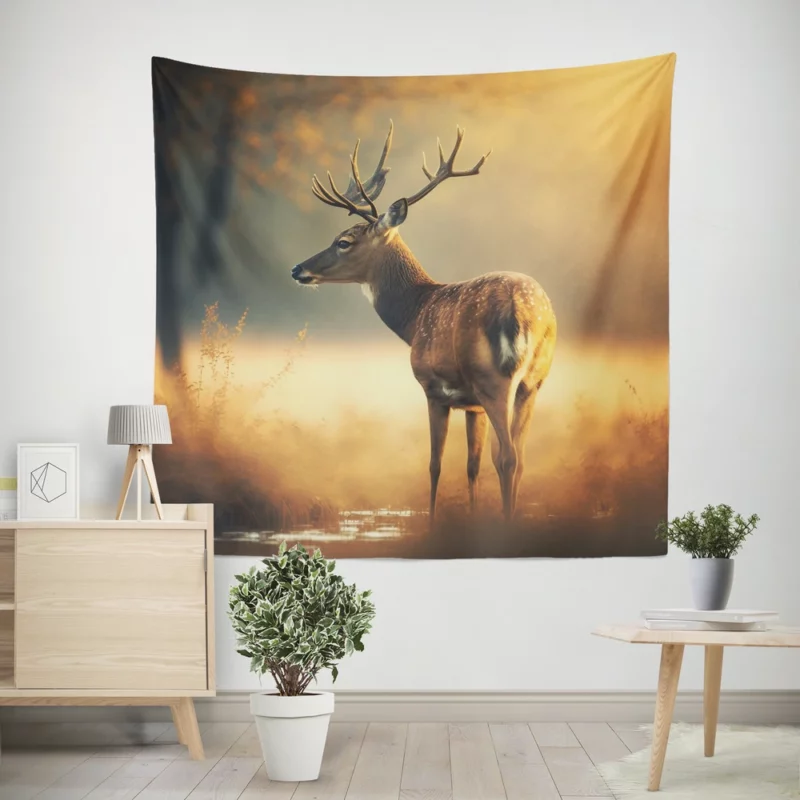 Deer in the Grasses by Water Wall Tapestry