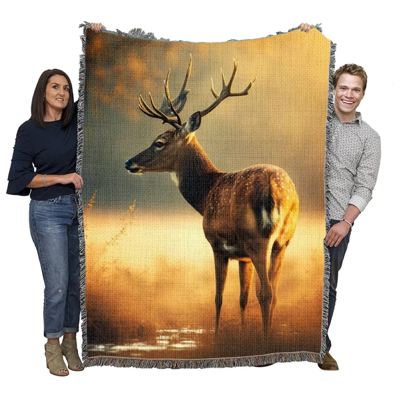 Deer in the Grasses by Water Woven Blanket