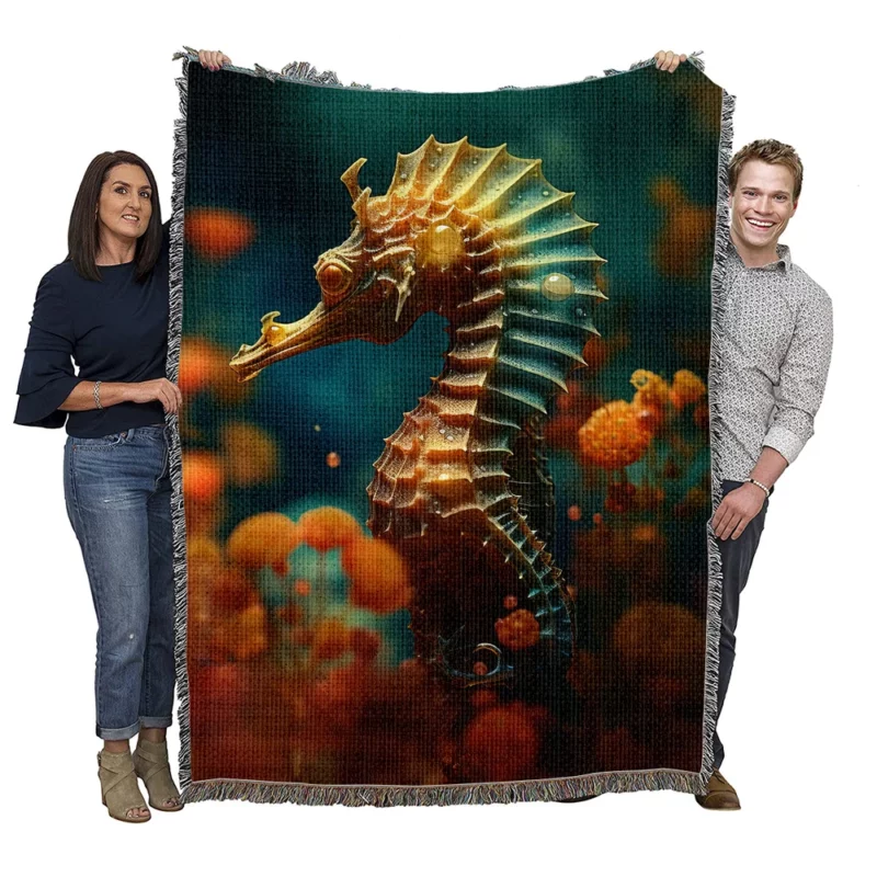 Delicate Seahorse Illustration Woven Blanket