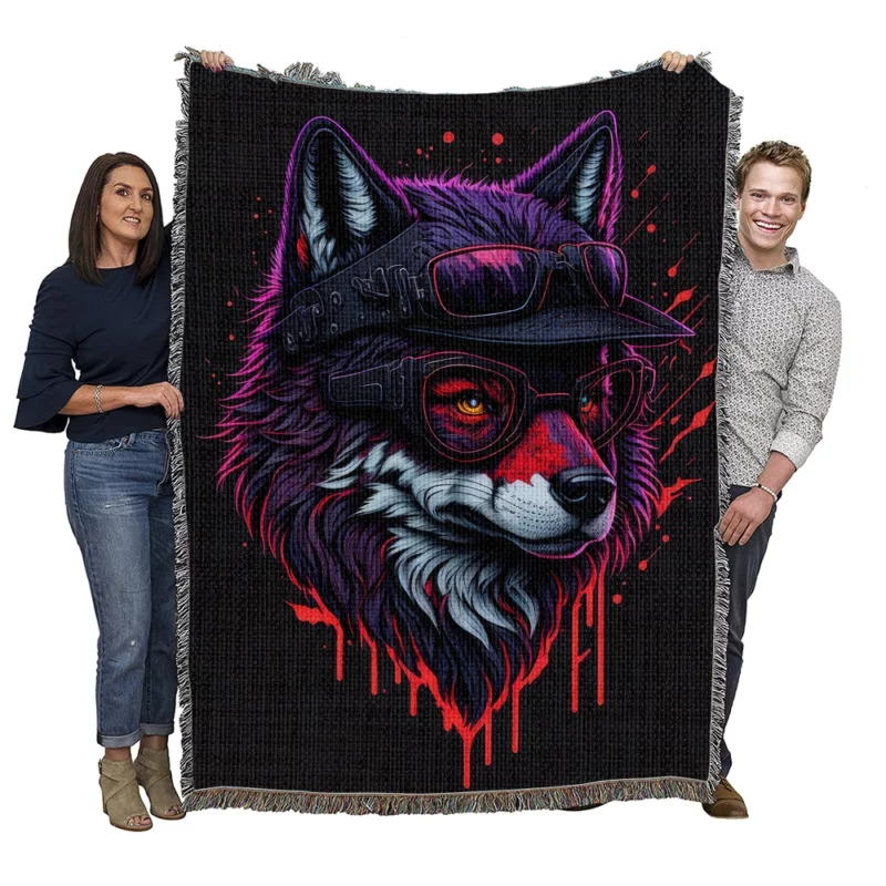 Detailed Wolf Illustration with Glasses Woven Blanket