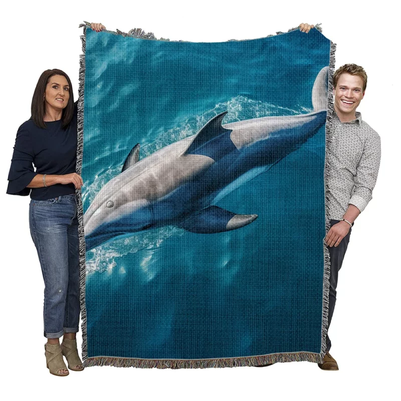 Dolphin Swimming Underwater Woven Blanket