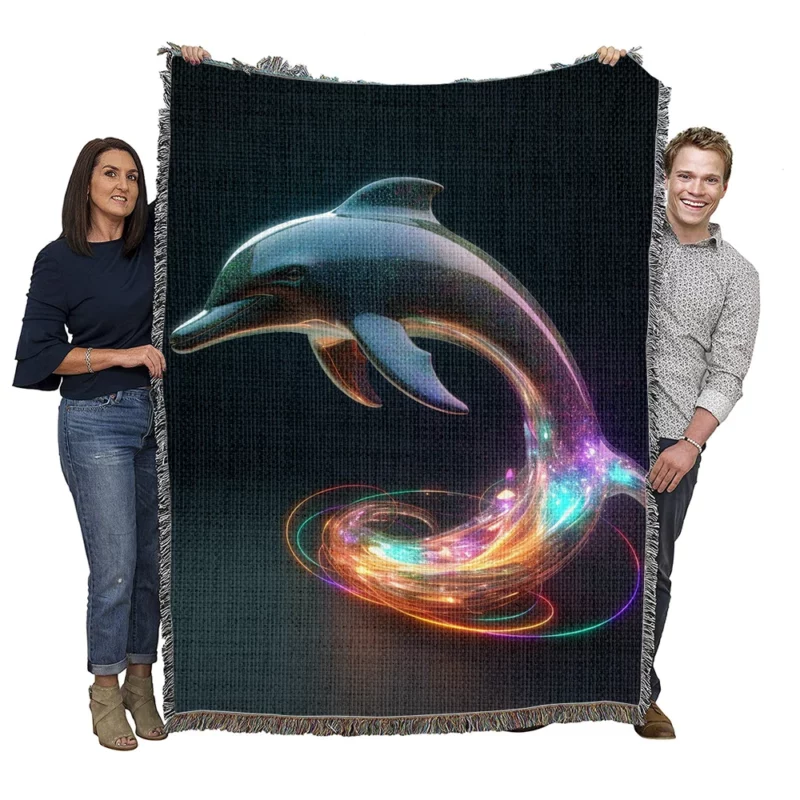Dolphin With Rainbow Light Woven Blanket