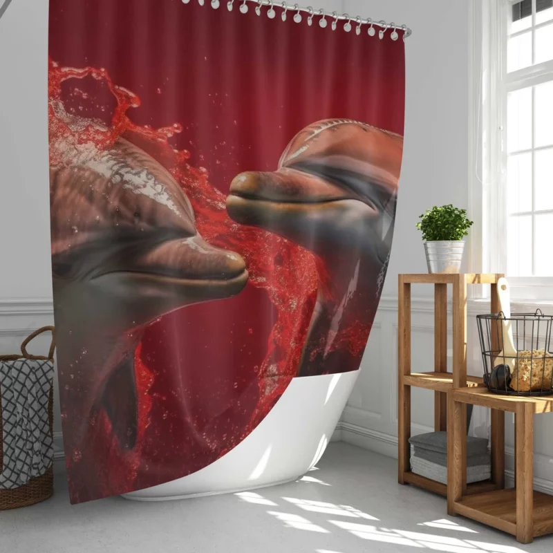 Dolphin on Red Background Shower Curtain