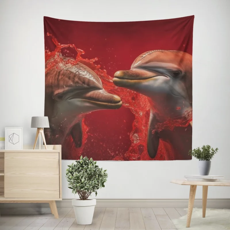 Dolphin on Red Background Wall Tapestry