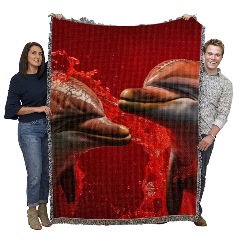 Dolphin on Red Background Woven Blanket