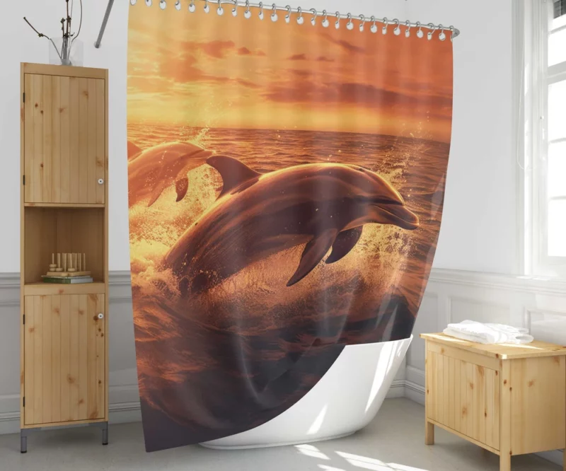 Dolphins Jumping at Sunrise Shower Curtain 1