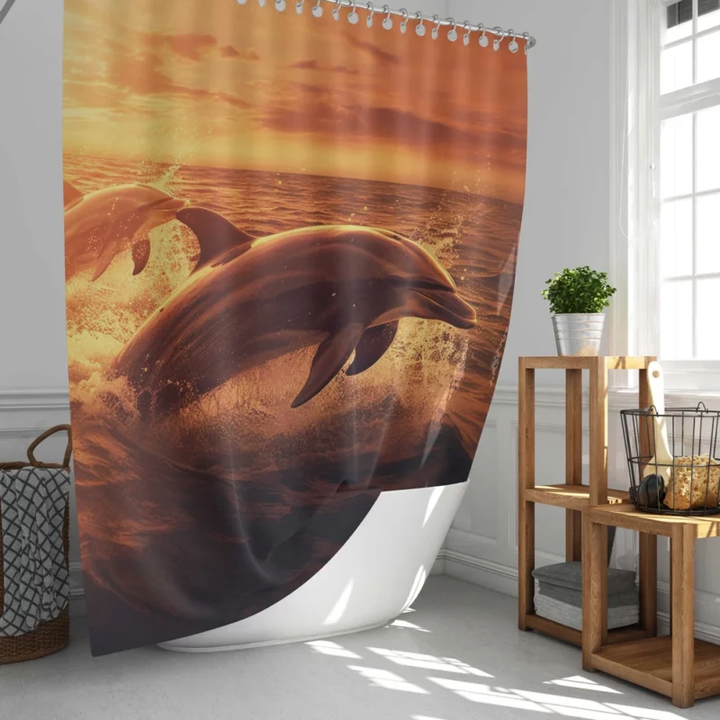 Dolphins Jumping at Sunrise Shower Curtain