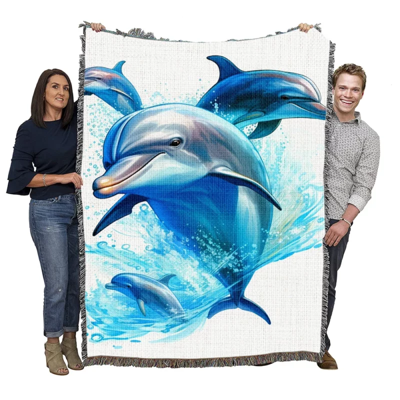 Dolphins Jumping from Ocean Woven Blanket