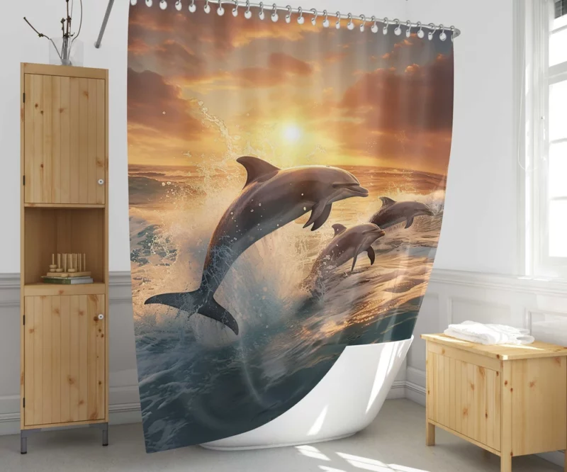 Dolphins Jumping in Blue Waters Shower Curtain 1