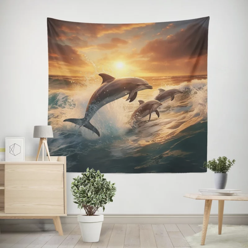 Dolphins Jumping in Blue Waters Wall Tapestry