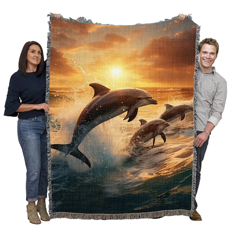 Dolphins Jumping in Blue Waters Woven Blanket