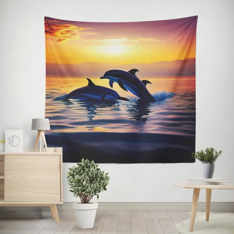 Dolphins Swimming at Sunrise Wall Tapestry