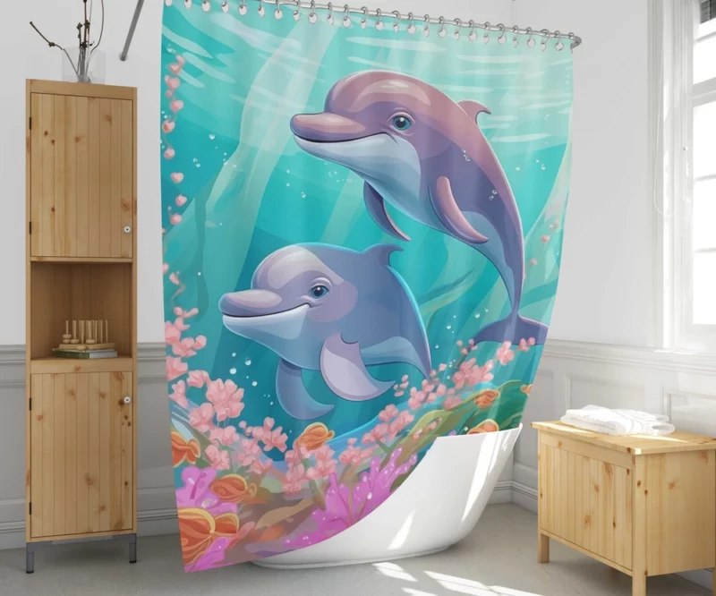 Dolphins and Flowers Artwork Shower Curtain 1