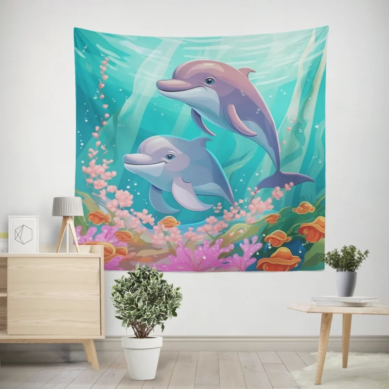 Dolphins and Flowers Artwork Wall Tapestry